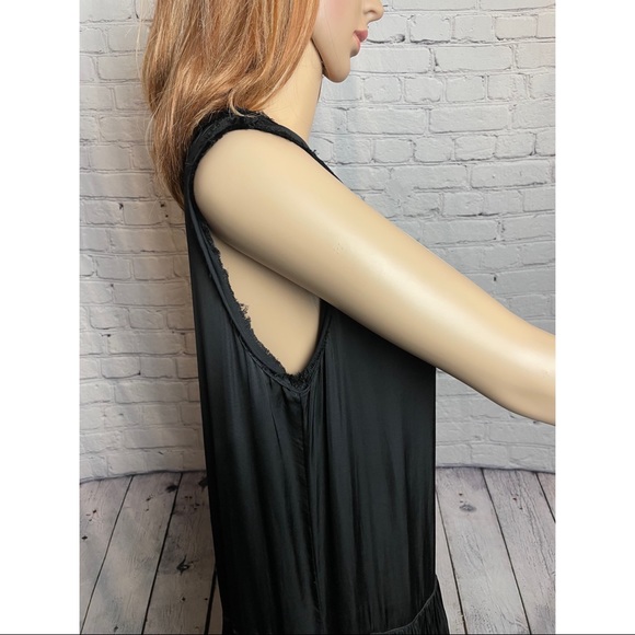 New $390 Raquel Allegra Black Satin Raw Edge DRESS - Picture 6 of 11
